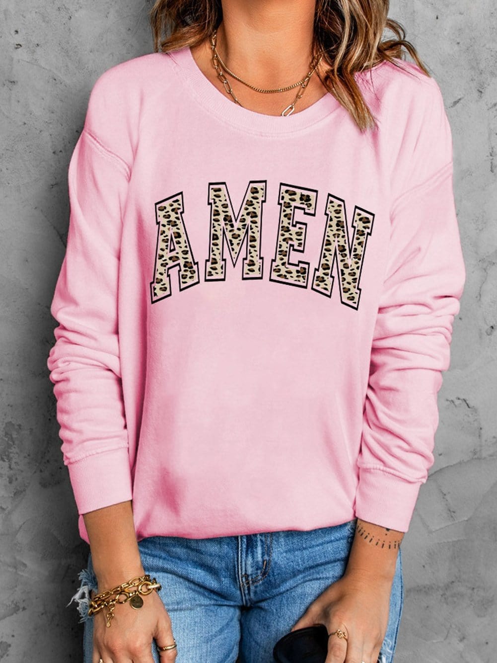 Faithful Prayers Pink Leopard AMEN Graphic Crewneck Sweatshirt