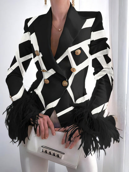 Fashion Print Button Long Sleeve Feather Blazer