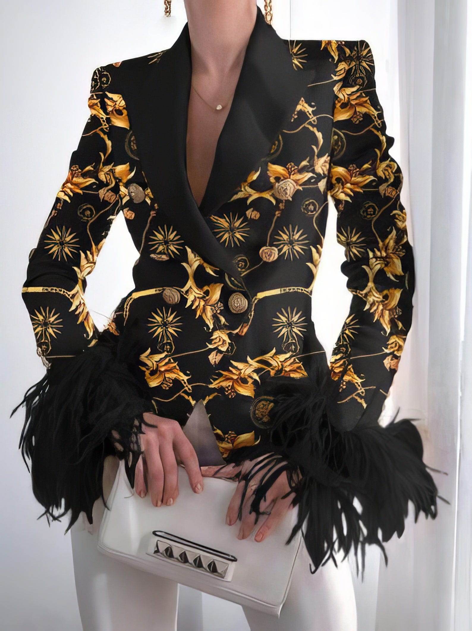 Fashion Print Button Long Sleeve Feather Blazer