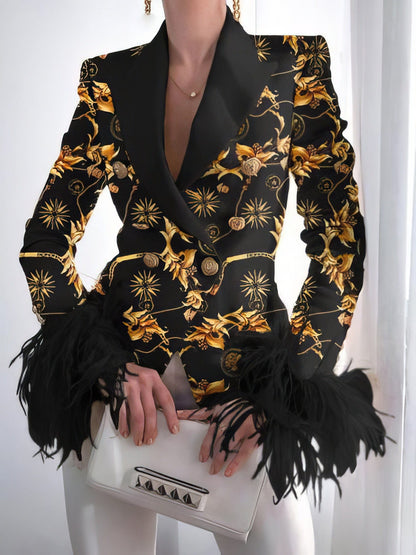 Fashion Print Button Long Sleeve Feather Blazer