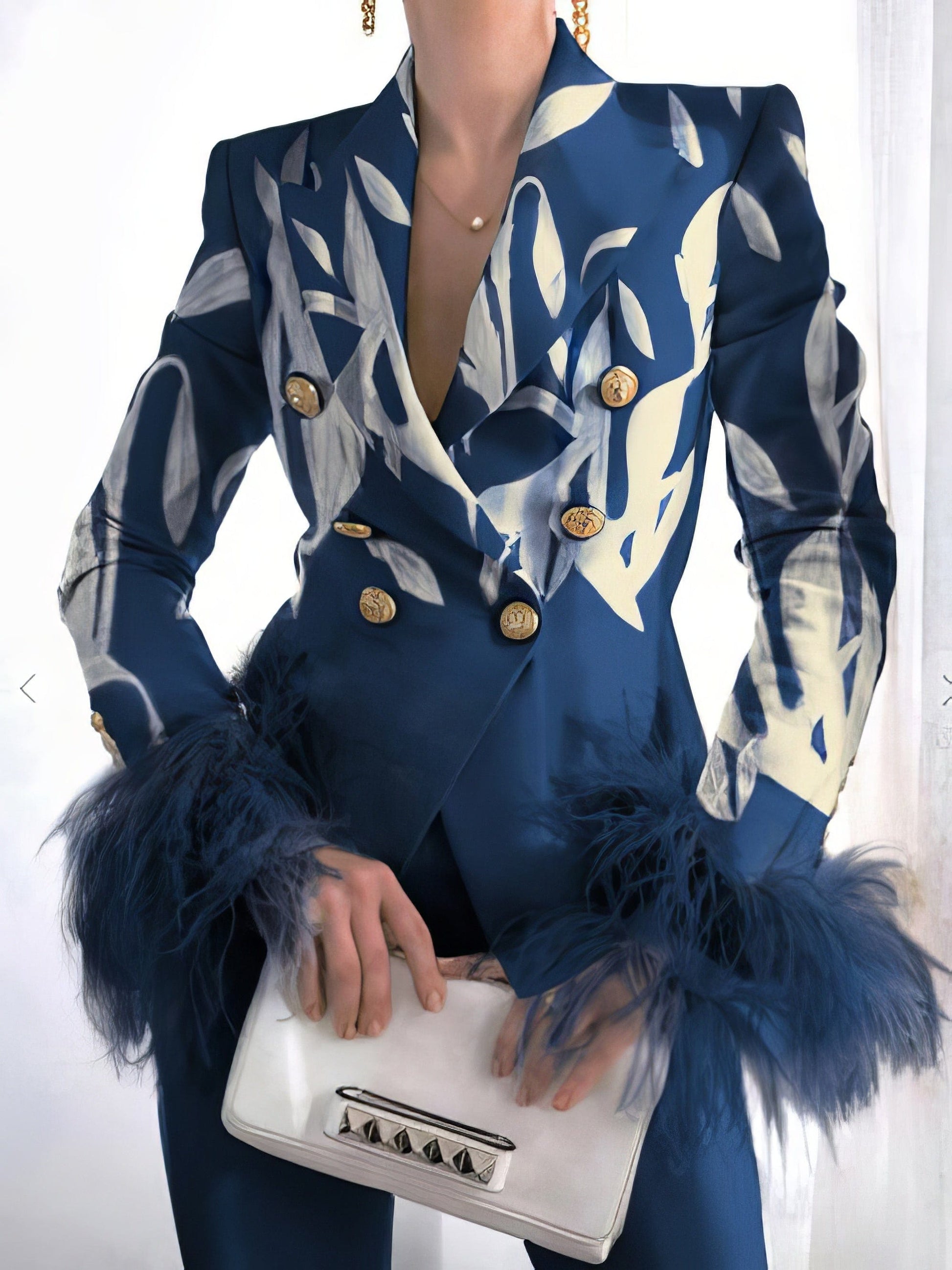 Fashion Print Button Long Sleeve Feather Blazer