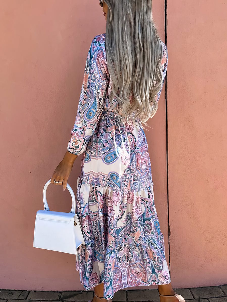 Fashion Print V Neck Long Sleeve Midi Dress