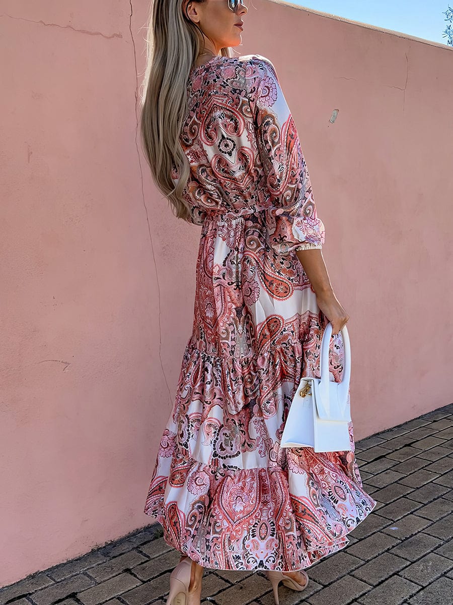 Fashion Print V Neck Long Sleeve Midi Dress