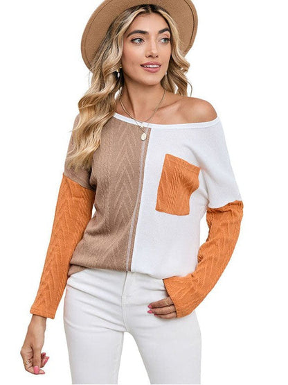 Fashion Round Neck Pullover with Contrasting Colors - Women's Long Sleeve Loose Slimming Top