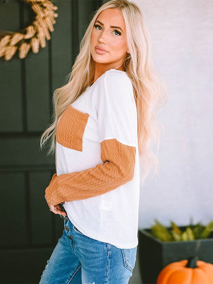 Fashion Round Neck Pullover with Contrasting Colors - Women's Long Sleeve Loose Slimming Top