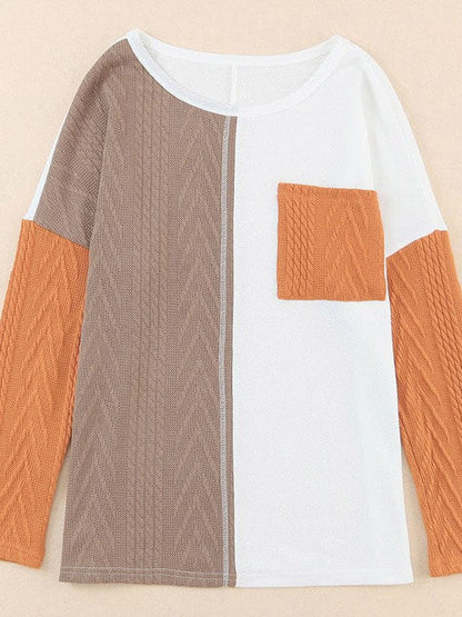 Fashion Round Neck Pullover with Contrasting Colors - Women's Long Sleeve Loose Slimming Top
