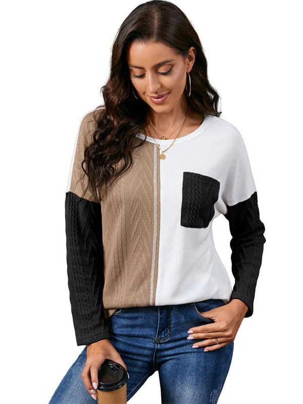 Fashion Round Neck Pullover with Contrasting Colors - Women's Long Sleeve Loose Slimming Top