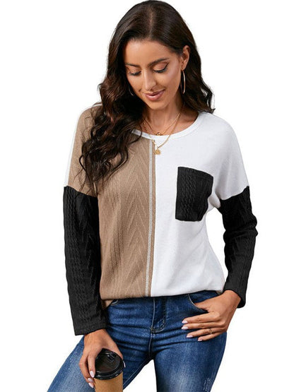 Fashion Round Neck Pullover with Contrasting Colors - Women's Long Sleeve Loose Slimming Top