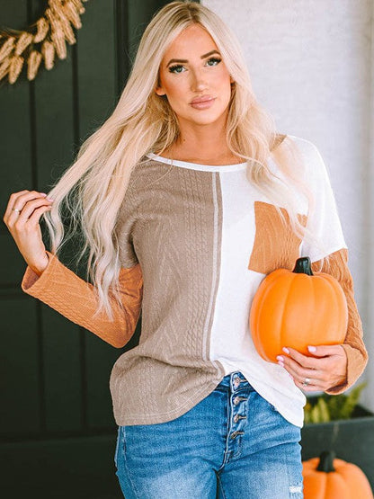 Fashion Round Neck Pullover with Contrasting Colors - Women's Long Sleeve Loose Slimming Top