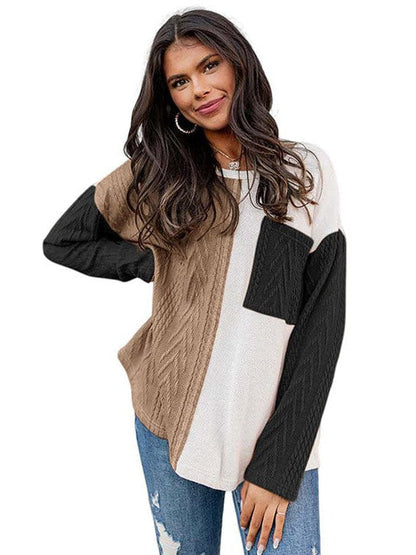 Fashion Round Neck Pullover with Contrasting Colors - Women's Long Sleeve Loose Slimming Top