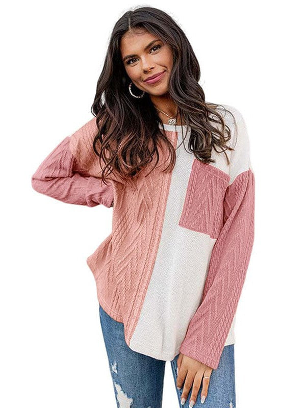 Fashion Round Neck Pullover with Contrasting Colors - Women's Long Sleeve Loose Slimming Top