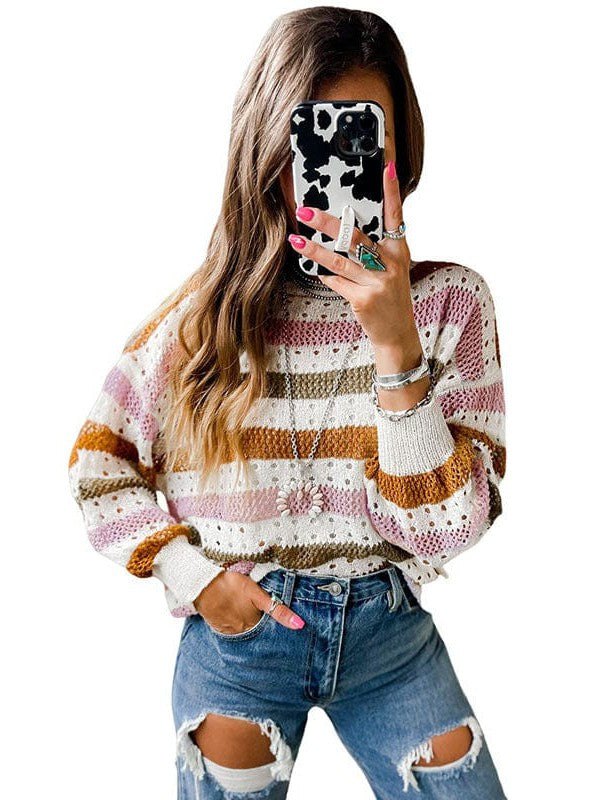 Fashion Stripe Print Pullover Women's Loose Fit Sweater with Contrast Color Detail