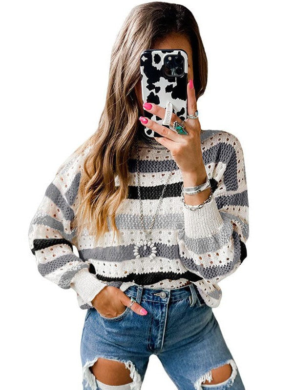 Fashion Stripe Print Pullover Women's Loose Fit Sweater with Contrast Color Detail