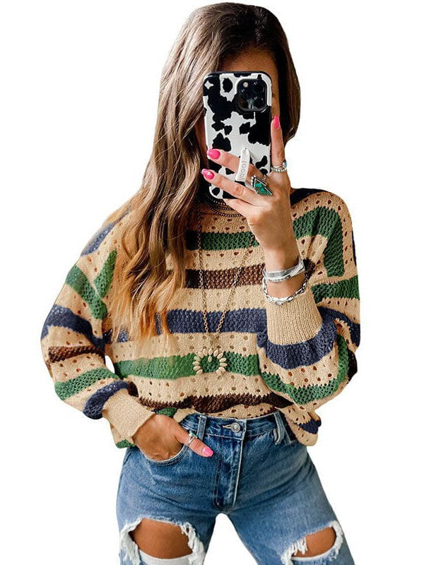 Fashion Stripe Print Pullover Women's Loose Fit Sweater with Contrast Color Detail