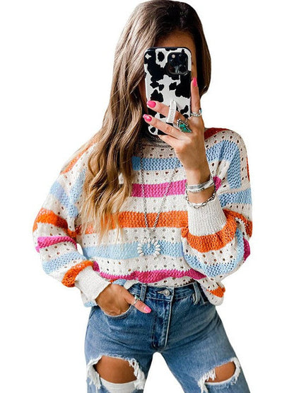 Fashion Stripe Print Pullover Women's Loose Fit Sweater with Contrast Color Detail