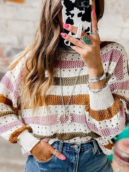 Fashion Stripe Print Pullover Women's Loose Fit Sweater with Contrast Color Detail