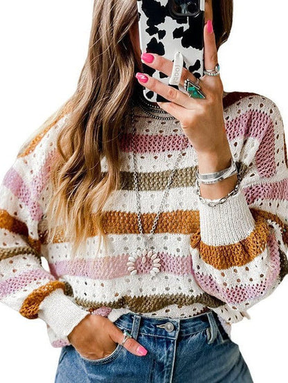 Fashion Stripe Print Pullover Women's Loose Fit Sweater with Contrast Color Detail