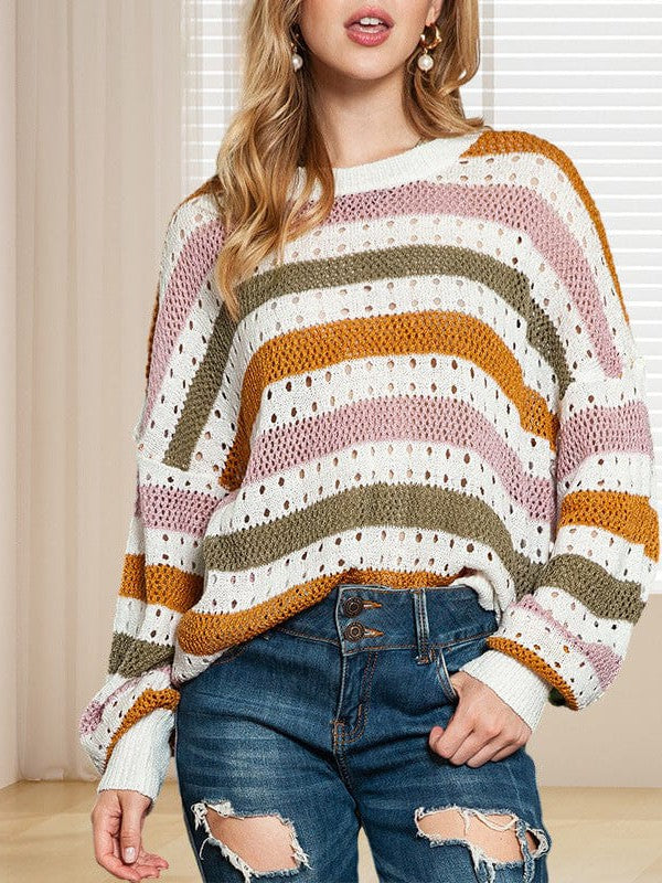 Fashion Stripe Print Pullover Women's Loose Fit Sweater with Contrast Color Detail