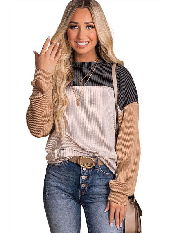 Fashionable Loose Fit Sweatshirt with Long Sleeves and Color Blocking