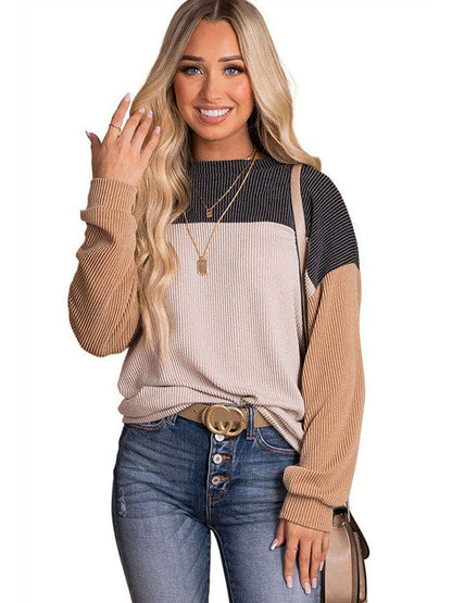 Fashionable Loose Fit Sweatshirt with Long Sleeves and Color Blocking