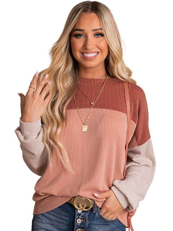 Fashionable Loose Fit Sweatshirt with Long Sleeves and Color Blocking