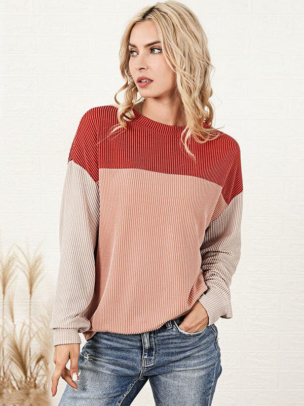 Fashionable Loose Fit Sweatshirt with Long Sleeves and Color Blocking