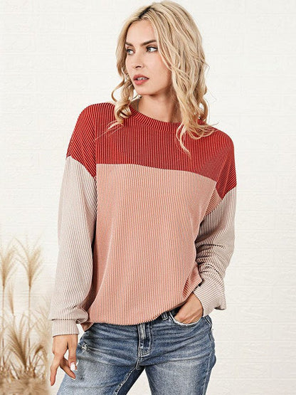 Fashionable Loose Fit Sweatshirt with Long Sleeves and Color Blocking