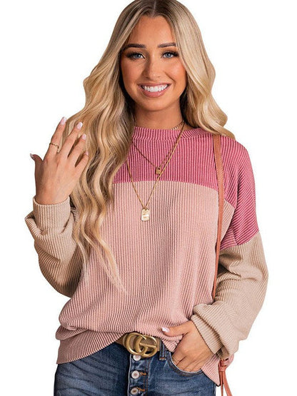 Fashionable Loose Fit Sweatshirt with Long Sleeves and Color Blocking