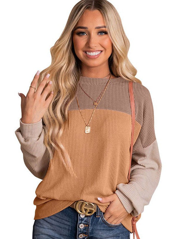 Fashionable Loose Fit Sweatshirt with Long Sleeves and Color Blocking