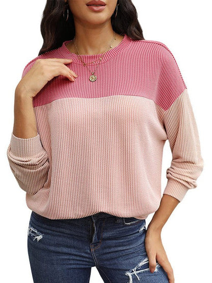 Fashionable Loose Fit Sweatshirt with Long Sleeves and Color Blocking