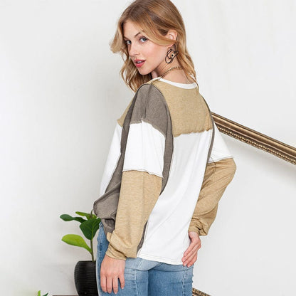 Fashionable Round Neck Lantern Sleeve Pullover in Khaki
