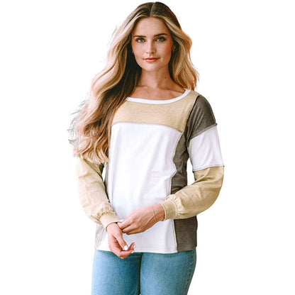 Fashionable Round Neck Lantern Sleeve Pullover in Khaki