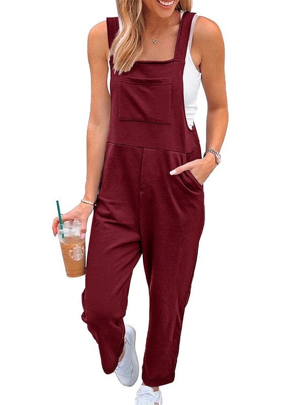 Fashionable Solid Color Sleeveless Overalls with Suspender Pants for Women