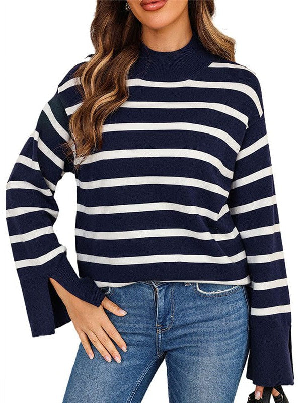 Fashionable Turtleneck Sweater with Bell Sleeves and Striped Cuffs