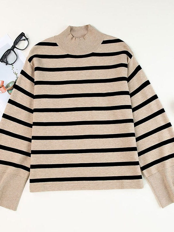 Fashionable Turtleneck Sweater with Bell Sleeves and Striped Cuffs