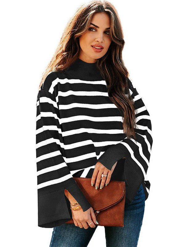 Fashionable Turtleneck Sweater with Bell Sleeves and Striped Cuffs