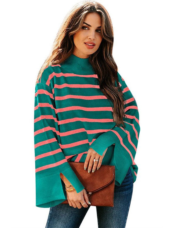 Fashionable Turtleneck Sweater with Bell Sleeves and Striped Cuffs