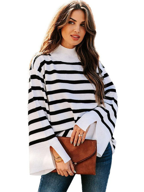 Fashionable Turtleneck Sweater with Bell Sleeves and Striped Cuffs