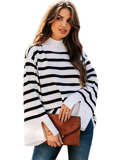 Fashionable Turtleneck Sweater with Bell Sleeves and Striped Cuffs