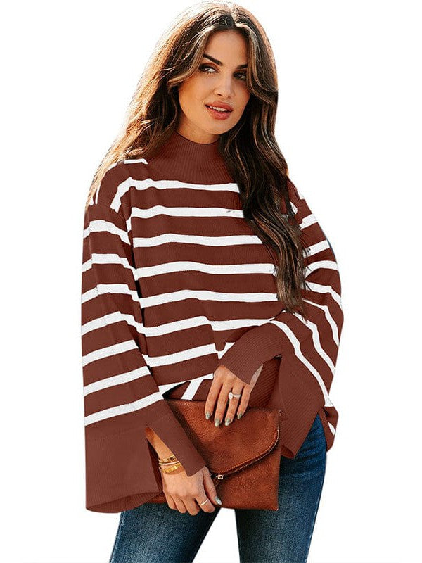 Fashionable Turtleneck Sweater with Bell Sleeves and Striped Cuffs