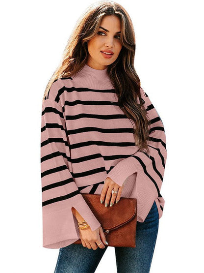 Fashionable Turtleneck Sweater with Bell Sleeves and Striped Cuffs