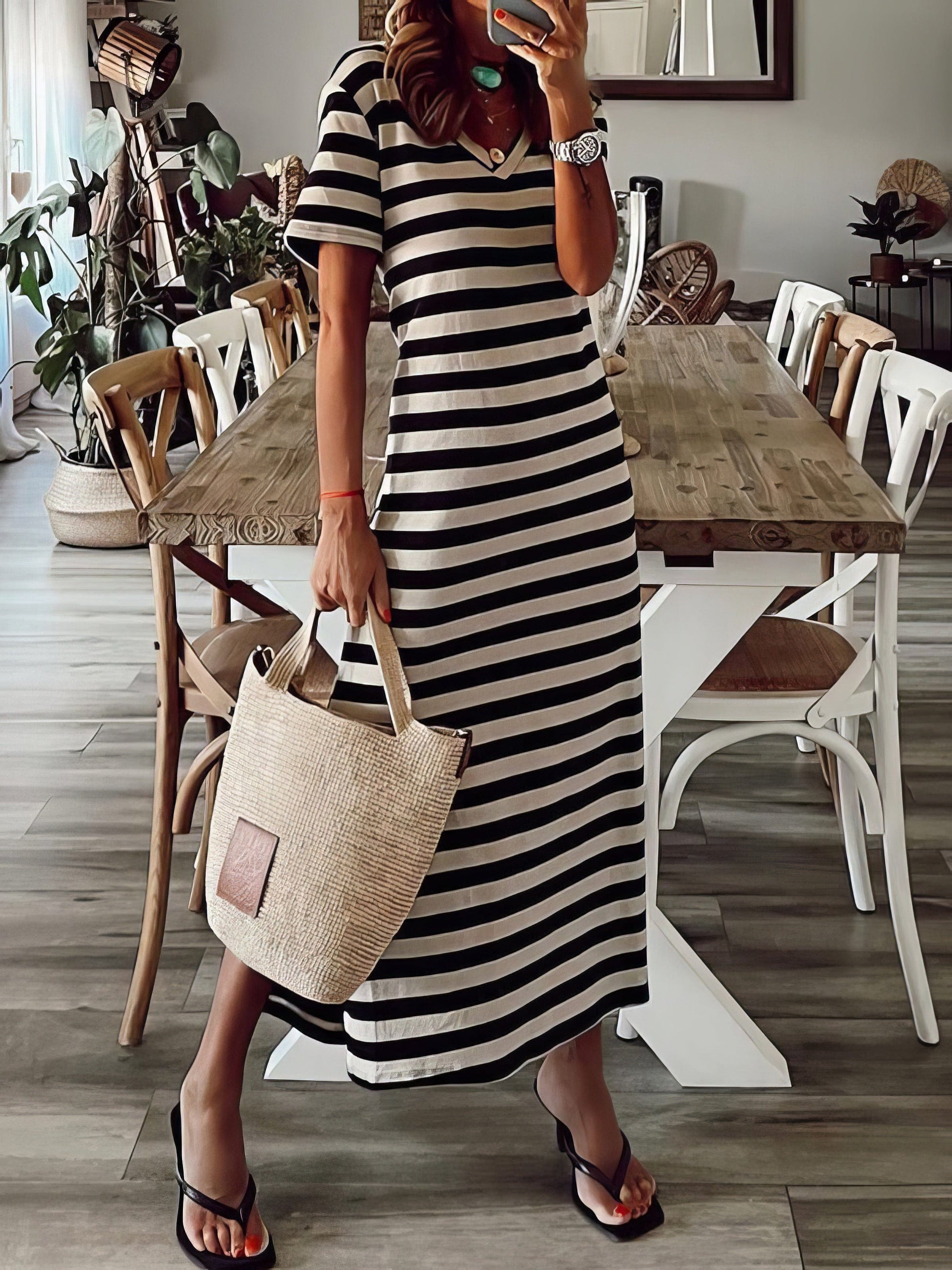 Fashionable V-Neck Striped Short Sleeve Dress with Side Slit