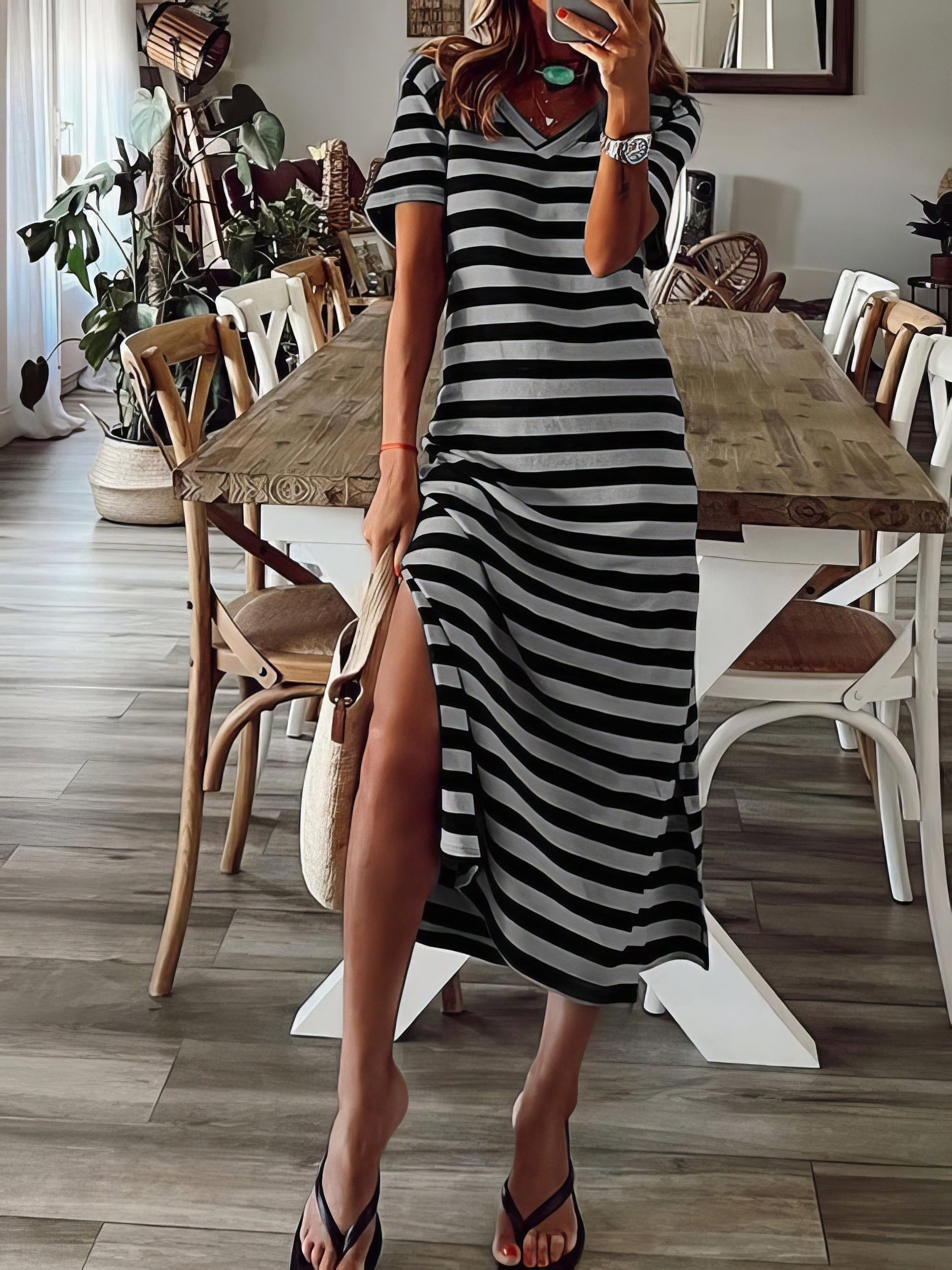 Fashionable V-Neck Striped Short Sleeve Dress with Side Slit