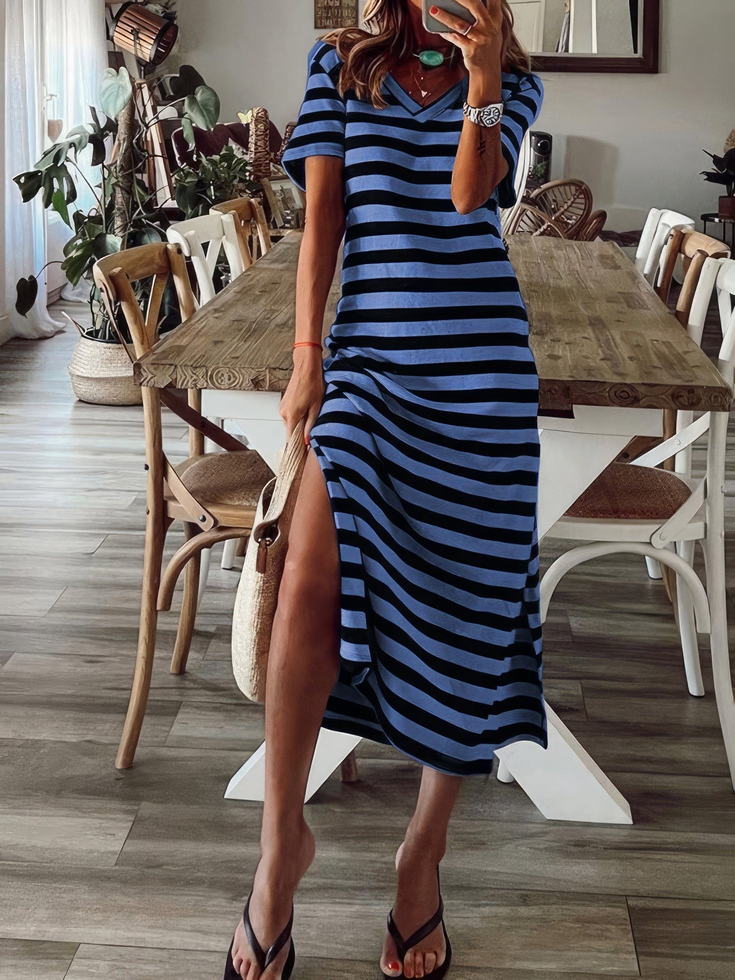 Fashionable V-Neck Striped Short Sleeve Dress with Side Slit