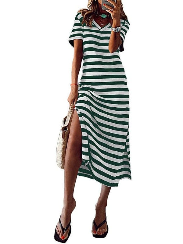 Fashionable V-Neck Striped Short Sleeve Dress with Side Slit