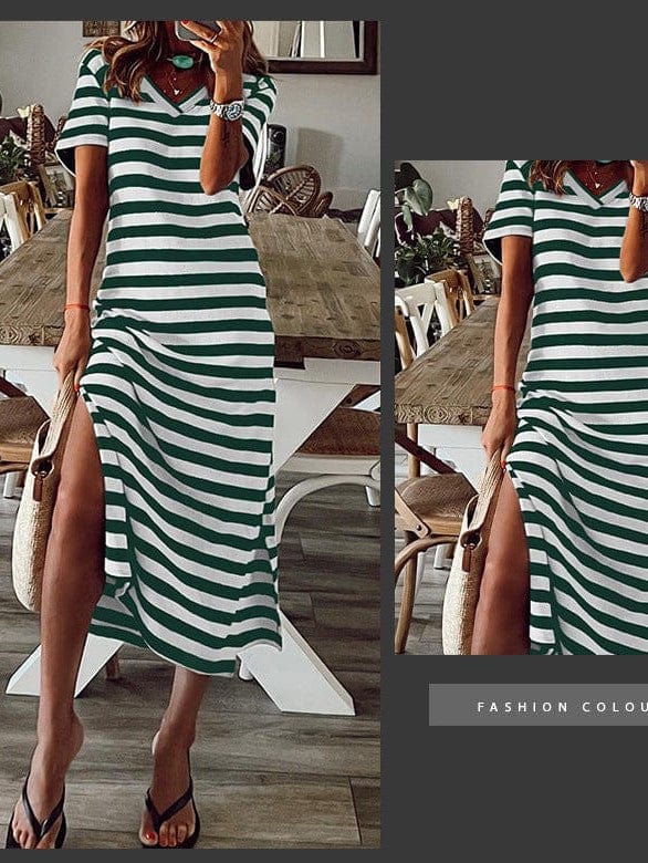Fashionable V-Neck Striped Short Sleeve Dress with Side Slit
