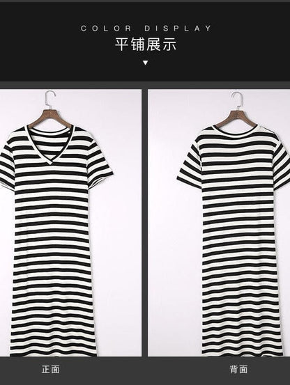 Fashionable V-Neck Striped Short Sleeve Dress with Side Slit