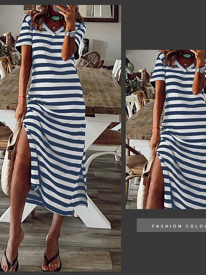 Fashionable V-Neck Striped Short Sleeve Dress with Side Slit