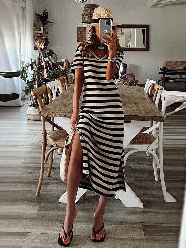 Fashionable V-Neck Striped Short Sleeve Dress with Side Slit