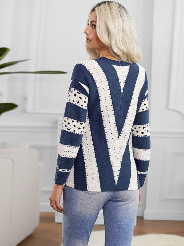 Fashionable Women's Casual Striped Knit Sweater with Long Sleeves